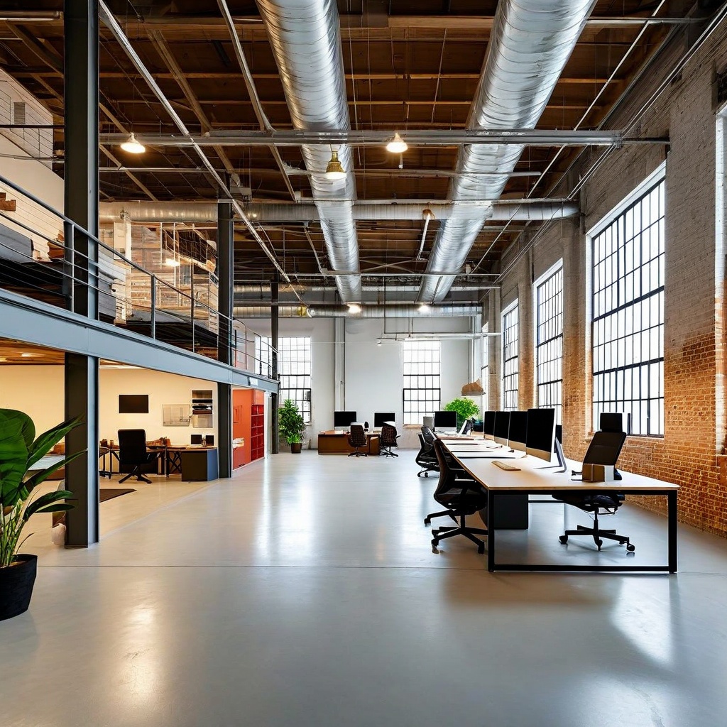 Industrial Office Interior | Modern Open Workspace Modern industrial office interior with open workspace, exposed ductwork, mezzanine, and large windows.