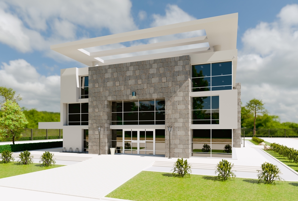 Modern two-story office building inspected during a commercial property inspection in Utah.